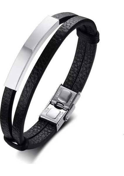 Deri Zarif Tasarım Çift Sıra Erkek Deri & Çelik Bileklik