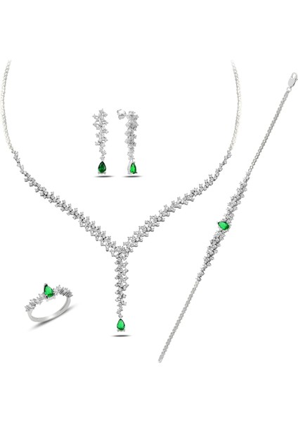 925 Ayar Gümüş Damla Salkım Pırlanta Montür Su Yolu Kadın Düğün Seti