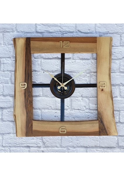 Doğal Ceviz Masif Ahşap,metal Kare Duvar Saati 50 x 50 cm