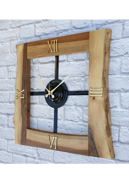 Doğal Ceviz Masif Ahşap,metal Kare Duvar Saati 50 x 50 cm