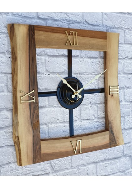 Doğal Ceviz Masif Ahşap,metal Kare Duvar Saati 50 x 50 cm