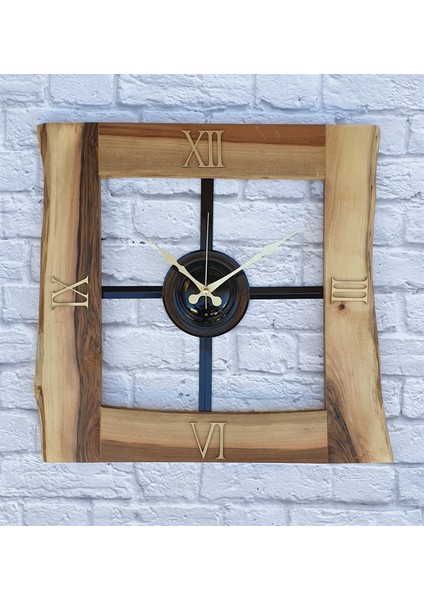 Doğal Ceviz Masif Ahşap,metal Kare Duvar Saati 50 x 50 cm