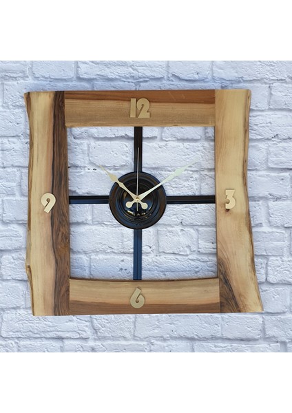 Doğal Ceviz Masif Ahşap,metal Kare Duvar Saati 50 x 50 cm