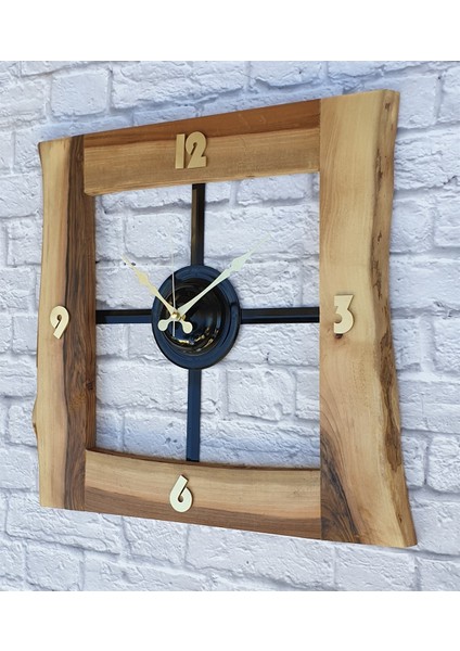Doğal Ceviz Masif Ahşap,metal Kare Duvar Saati 50 x 50 cm