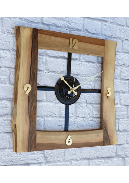 Doğal Ceviz Masif Ahşap,metal Kare Duvar Saati 50 x 50 cm