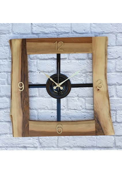 Doğal Ceviz Masif Ahşap,metal Kare Duvar Saati 50 x 50 cm