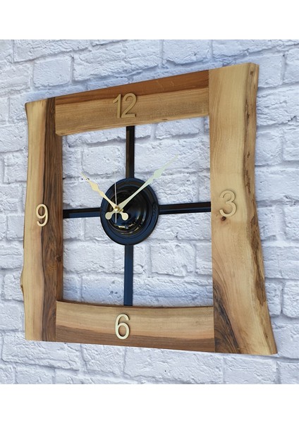 Doğal Ceviz Masif Ahşap,metal Kare Duvar Saati 50 x 50 cm
