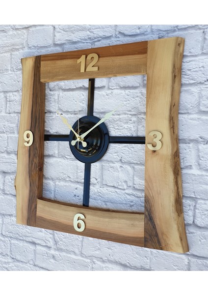 Doğal Ceviz Masif Ahşap,metal Kare Duvar Saati 50 x 50 cm