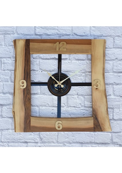 Doğal Ceviz Masif Ahşap,metal Kare Duvar Saati 50 x 50 cm
