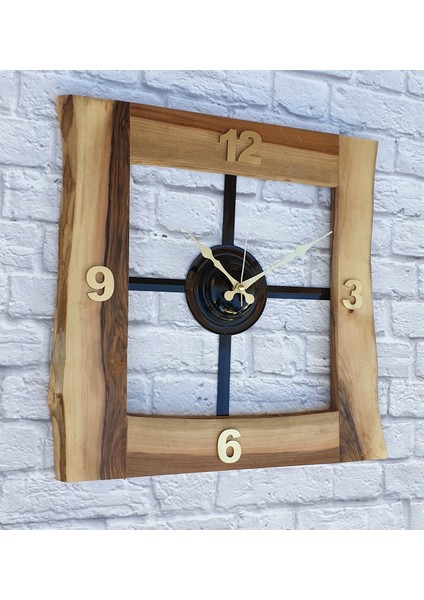 Doğal Ceviz Masif Ahşap,metal Kare Duvar Saati 50 x 50 cm