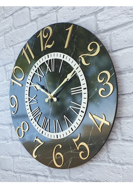 Mermer Desenli Altın Rakamlı Duvar Saati Çap 50 cm