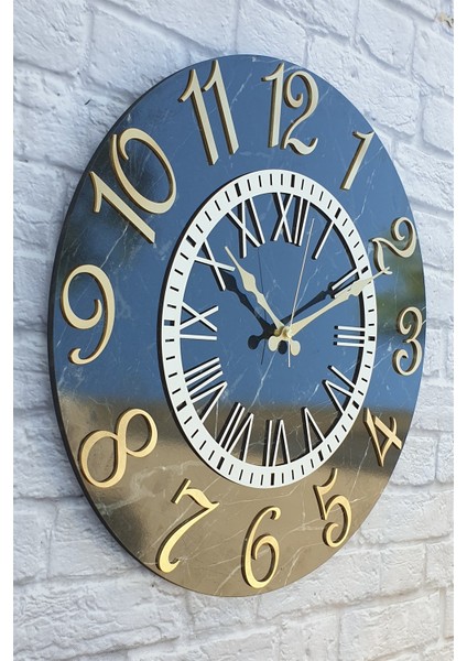 Mermer Desenli Altın Rakamlı Duvar Saati Çap 50 cm fiyatları