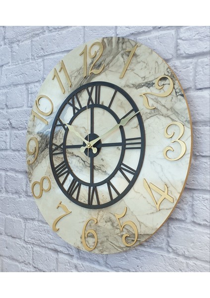 Mermer Desenli Altın Rakamlı Duvar Saati Çap 50 cm