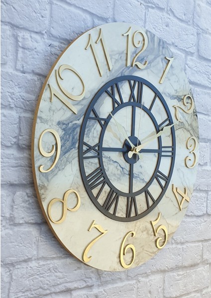 Mermer Desenli Altın Rakamlı Duvar Saati Çap 50 cm modelleri