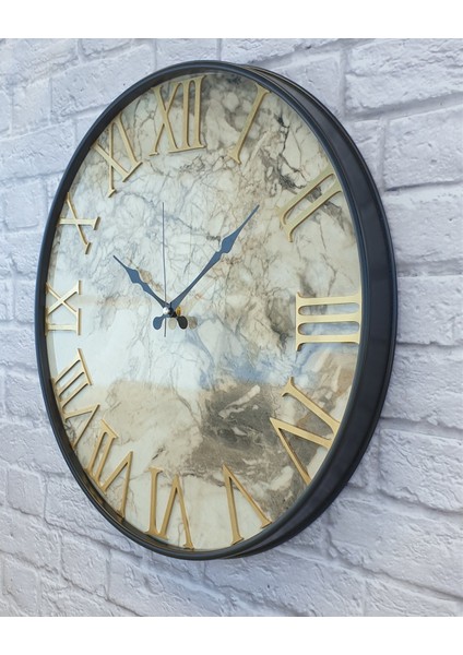 Metal Kasalı Mermer Desenli Altın Duvar Saati 50 cm