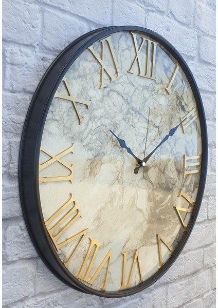 Metal Kasalı Mermer Desenli Altın Duvar Saati 50 cm