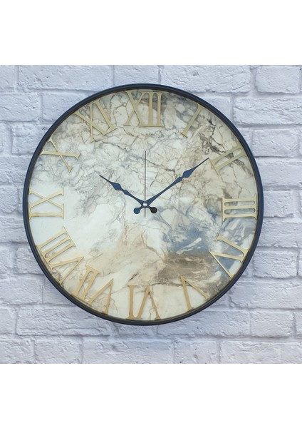 Metal Kasalı Mermer Desenli Altın Duvar Saati 50 cm