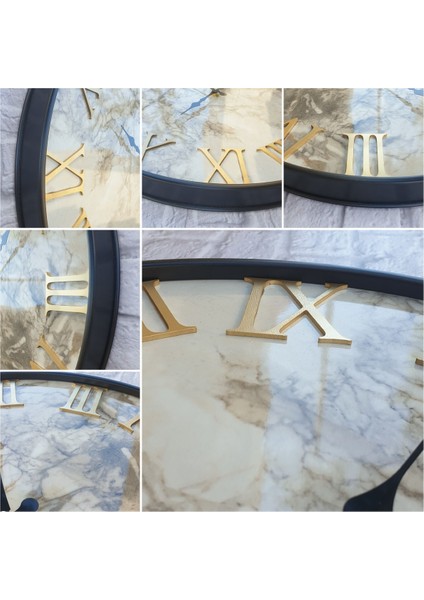 Metal Kasalı Mermer Desenli Altın Duvar Saati 50 cm