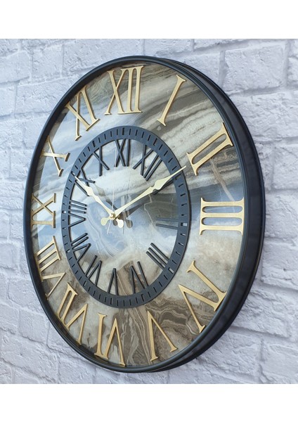 Metal Kasalı Mermer Desenli Altın Duvar Saati 50 cm