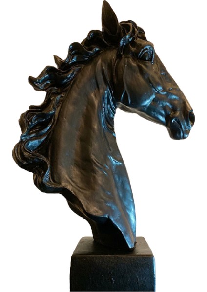 At Büst Heykel Siyah Parlak