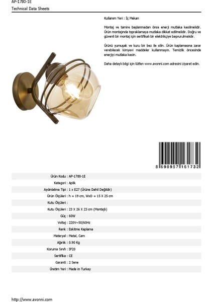 AP-60215-1E Eskitme Kaplama Aplik E27 Metal Cam 15x25cm