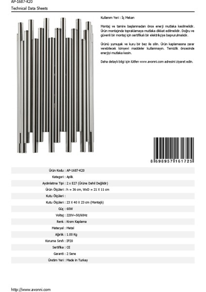 AP-60056-K20 Krom Kaplama Aplik E27 Metal 21x11cm