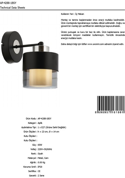 AP-60193-1BSY Siyah Boyalı Aplik E27 Metal Cam 14x19cm modelleri