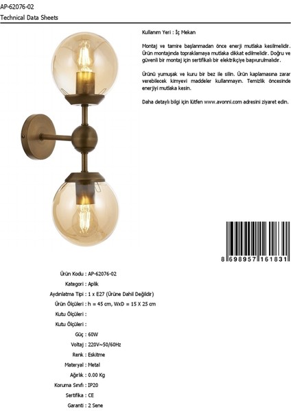 AP-62076-02 Eskitme Kaplama Aplik E27 Metal 15x25cm