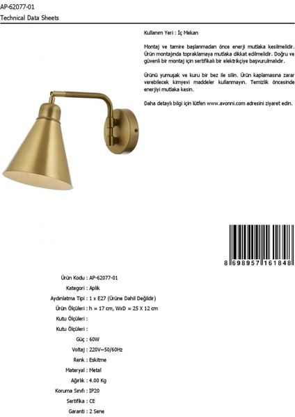 AP-62077-01 Eskitme Kaplama Aplik E27 Metal 25x12cm modelleri