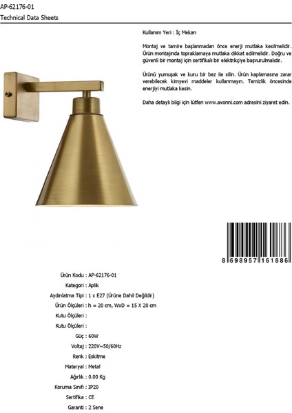 AP-62176-01 Eskitme Kaplama Aplik E27 Metal 15x20cm modelleri