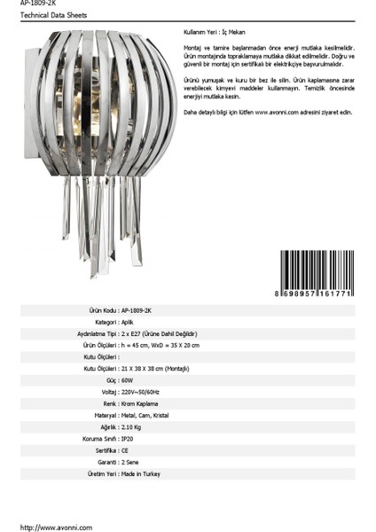 AP-60234-2K Krom Kaplama Aplik E27 Metal Cam Kristal 35x20cm modelleri