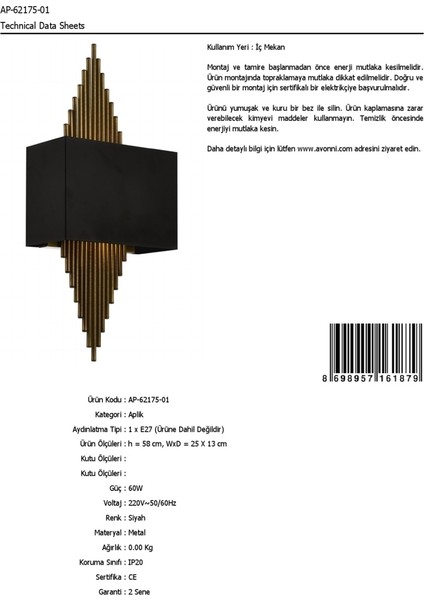 AP-62175-01 Siyah Boyalı Aplik E14 Metal 25x13cm modelleri