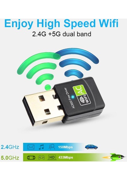 600 Mbps USB Mini Wifi Adaptörü RTL811 5ghz Kablosuz Alıcı