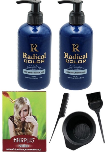 Color Saç Boyası Gece Mavisi 250 ml 2 Adet Saç Açıcı ve Saç Boya Kabı Seti