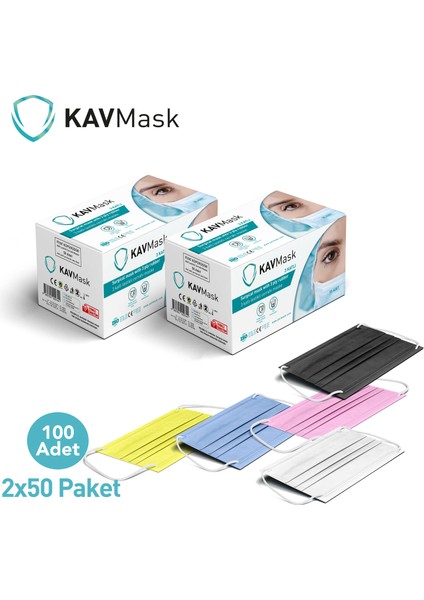 Kavmask Maske 3 Kat Korumalı Yumuşak Lastikli Burun Telli Elastik 2x50 - 100 Adet Beyaz Renk