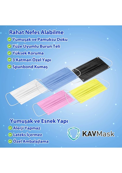 Kavmask Maske 3 Kat Korumalı Yumuşak Lastikli Burun Telli Elastik 2x50 - 100 Adet Beyaz Renk