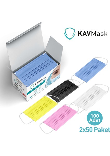 Kavmask Maske 3 Kat Korumalı Yumuşak Lastikli Burun Telli Elastik 2x50 - 100 Adet Beyaz Renk