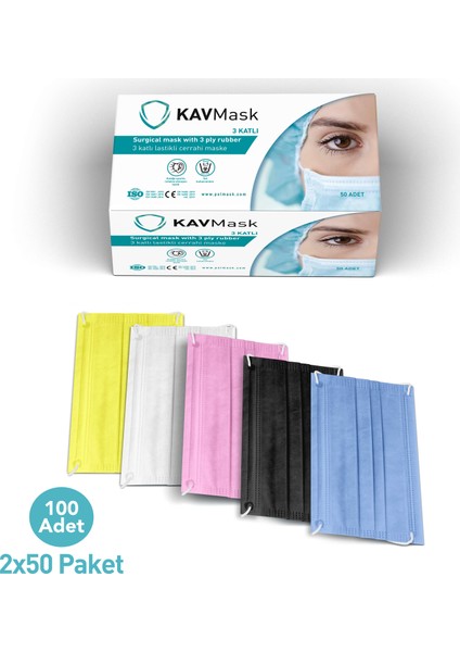 Kavmask Maske 3 Kat Korumalı Yumuşak Lastikli Burun Telli Elastik 2x50 - 100 Adet Beyaz Renk