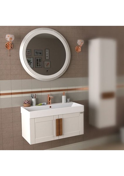 Pio 85 cm Antique White Banyo Dolabı Mat Beyaz Ahşap Kulplu