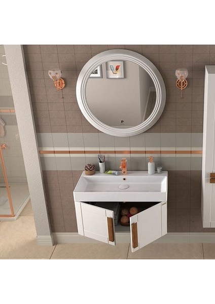 Pio 85 cm Antique White Banyo Dolabı Mat Beyaz Ahşap Kulplu modelleri