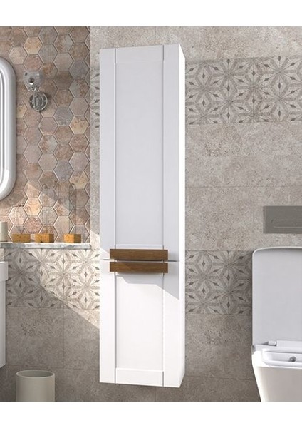 Pio Antique White Banyo Boy Dolabı Mat Beyaz Ahşap Kulplu Sağ Açılır