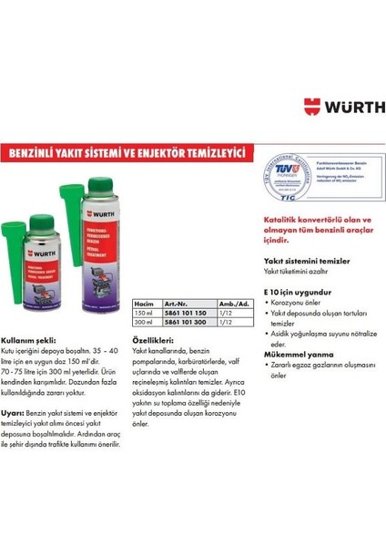 Würt Benzin Enjektör Temizleyici ve Benzin Katkısı SKT:2022 fiyatları