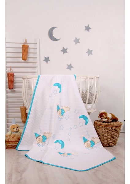 Mellowbabystore %100 Pamuk Mavi Büyük Puanlı Uyuyan Ayı Desenli Bebek Pikesi