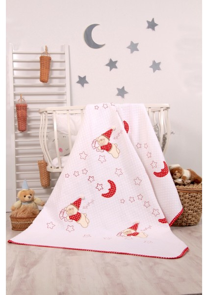 babystore %100 Pamuk Kırmızı Büyük Puanlı Uyuyan Ayı Desenli Bebek Pikesi