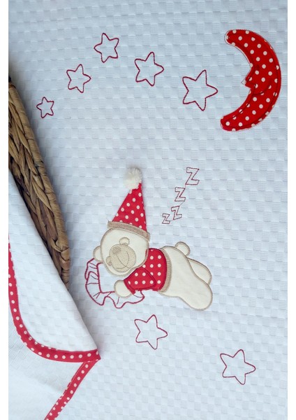 babystore %100 Pamuk Kırmızı Büyük Puanlı Uyuyan Ayı Desenli Bebek Pikesi