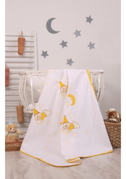 babystore %100 Pamuk Sarı Büyük Puanlı Uyuyan Ayı Desenli Bebek Pikesi