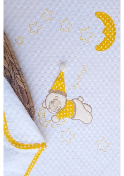 babystore %100 Pamuk Sarı Büyük Puanlı Uyuyan Ayı Desenli Bebek Pikesi