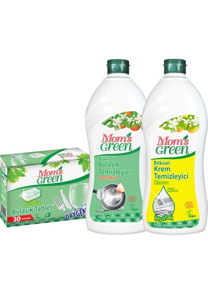 Mom's Green 3'lü Set Ekolojik Bulaşık Tableti 30 Yıkama - Bitkisel Elde Bulaşık Deterjanı Portakal - Bitkisel Mutfak Krem Temizleyici Limon