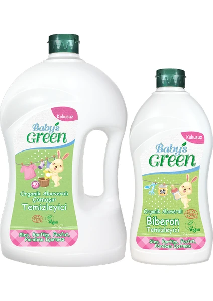 Baby's Green 2'li Set Organik Kokusuz Bebek Çamaşır Deterjanı 1,5 Lt - Organik Biberon Temizleyici 500 ml