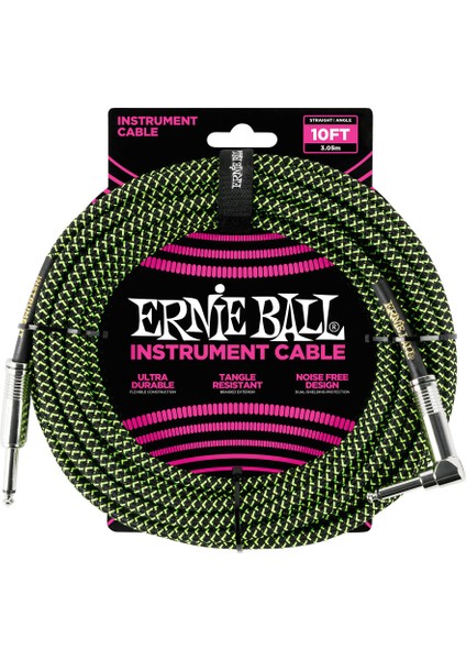 Ernie Ball Black / Green Braided Straight / Angle Instrument Cable P06077 - (3.05 Metre) Enstrüman Kablosu